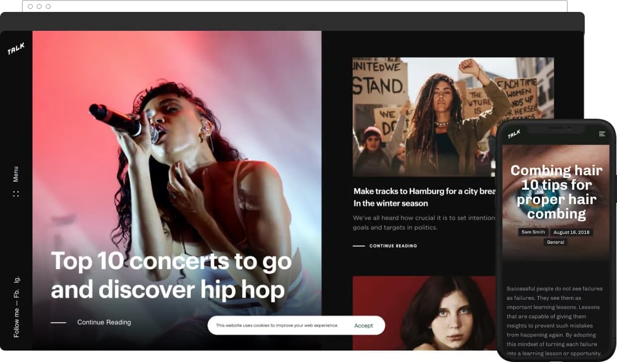 Hub's Sticky Blog demo: a magazine home page on desktop and phone.