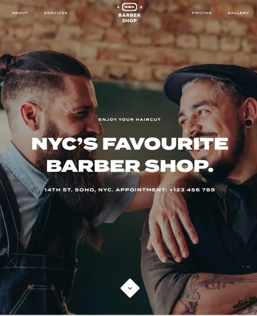 A barber shop site from Hub's demos, restyled in the customizer.