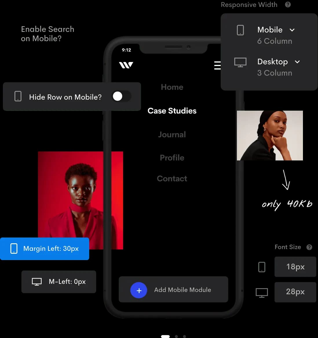 Hub's responsive controls: per-device margins, font sizes, hidden rows and a mobile menu preview.