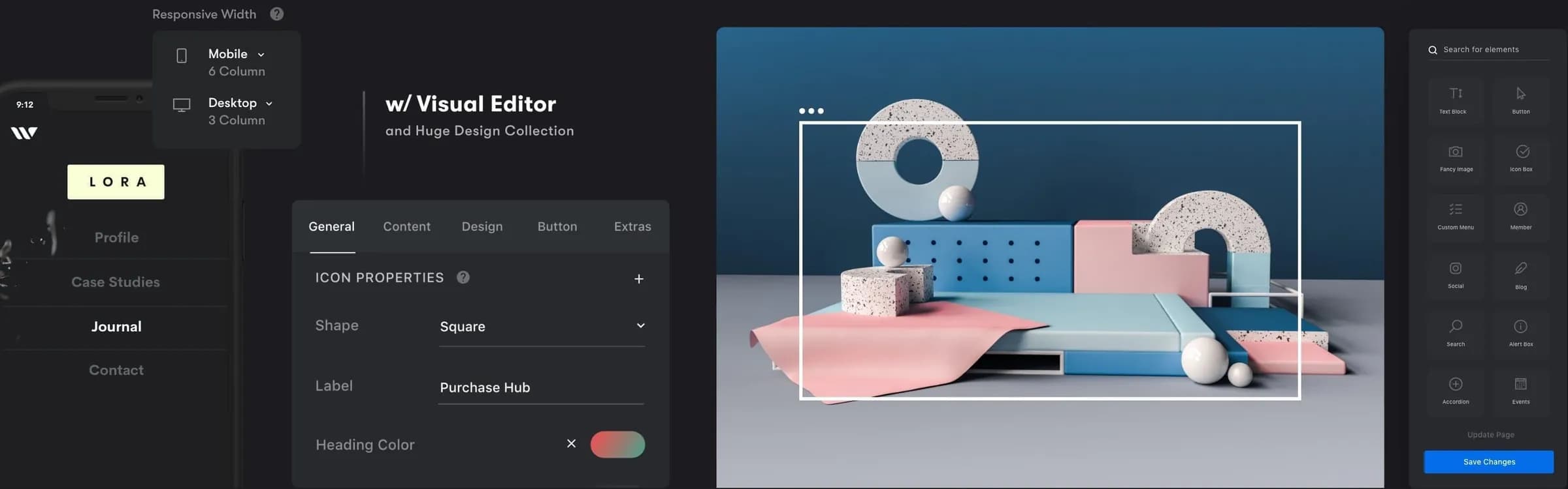 Hub's visual editor: element settings, a live page preview, the element library and the mobile layout controls.